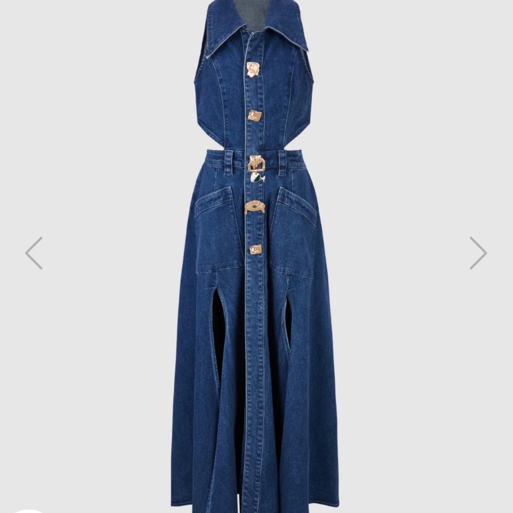 Sleeveless Blue Denim Cutout Maxi Dress with Front Slits - Picture 4 of 5
